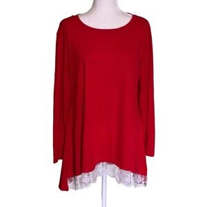 Sanifer Women's Long Sleeve Red Lace Hem Romantic Boho Flowy Casual Tunic Lg NEW